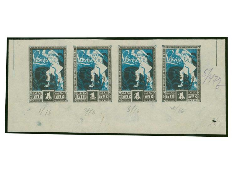 1919, Liberation of Courland 1 rbl. black frame / blue background printed on unfinished 5 rbl. Riga Workers' and Soldier's Co