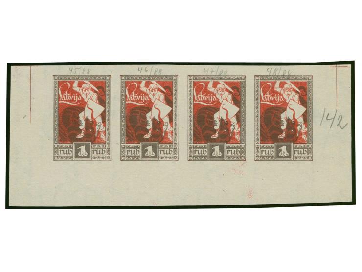 1919, Liberation of Courland 1 rbl. brown frame / red background printed on unfinished 5 rbl. Riga Workers' and Soldier's Cou