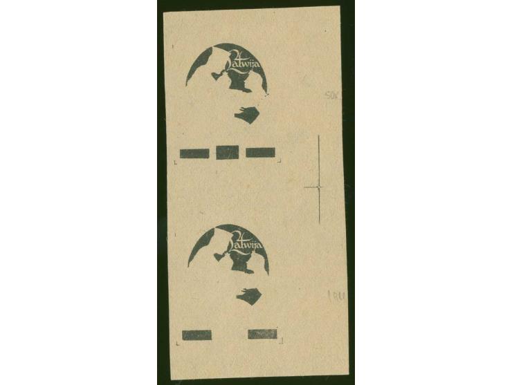 1920, Liberation of Latgale 50 k. and 1 rbl., only center in black as vertical gutter pair on ordinary paper, unused without 