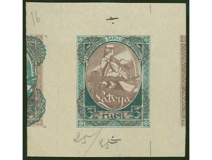 1920, First Constitution Assembly 3 rbl., proof in bluish-green/red-brown with grey security pattern, showing to the right pa