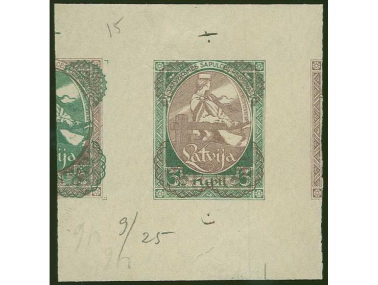 1920, First Constitution Assembly 3 rbl., proof in green/red-brown with grey security pattern, showing to the right part of t