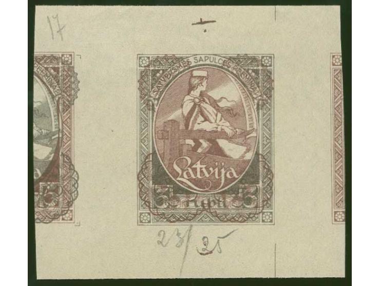 1920, First Constitution Assembly 3 rbl., proof in grey/red-brown with red-brown security pattern, showing to the right part 