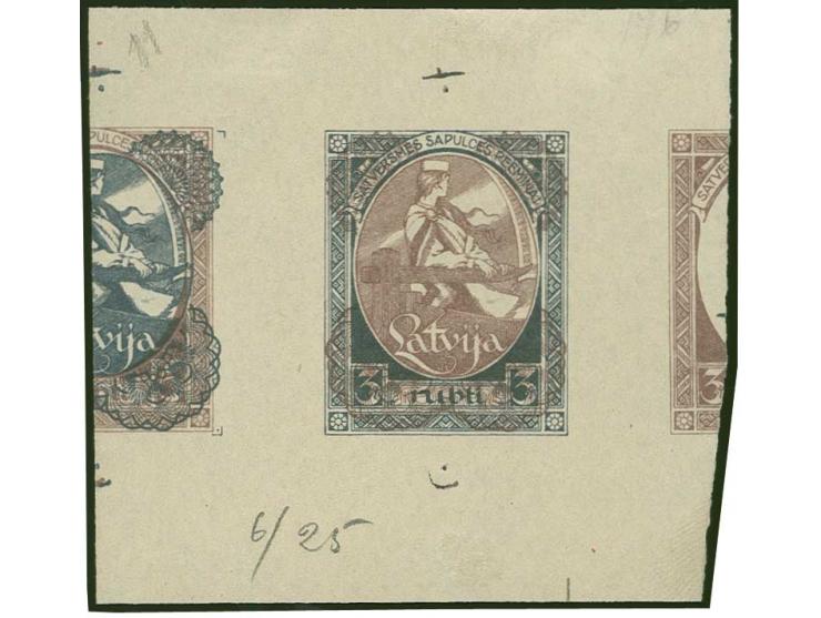 1920, First Constitution Assembly 3 rbl., proof in dark-blue/red-brown with red-brown security pattern, showing to the right 