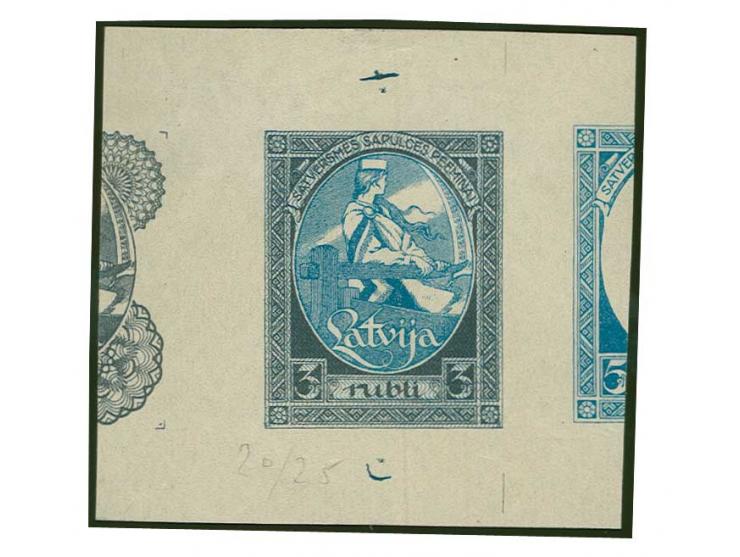 1920, First Constitution Assembly 3 rbl., proof in black-blue/blue with blue security pattern, showing to the right part of t
