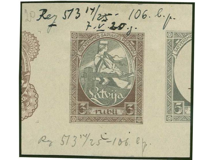 1920, First Constitution Assembly 3 rbl., proof in red-brown/grey with grey security pattern, showing to the right part of th