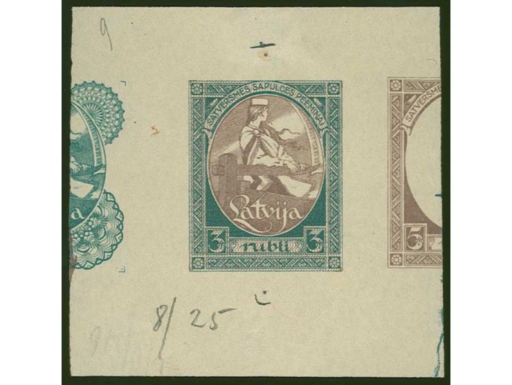 1920, First Constitution Assembly 3 rbl., proof in bluish-green/red-brown with red-brown security pattern, showing to the rig