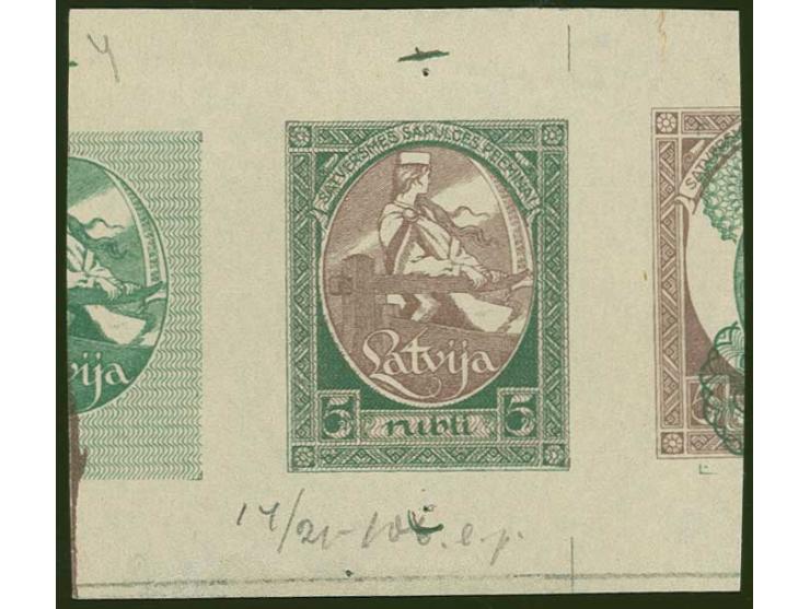 1920, First Constitution Assembly 5 rbl., proof in green/red-brown with green security pattern, showing to the left parts of 
