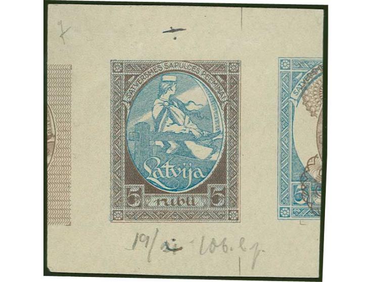 1920, First Constitution Assembly 5 rbl., proof in red-brown/blue with blue security pattern, showing to the left parts of th
