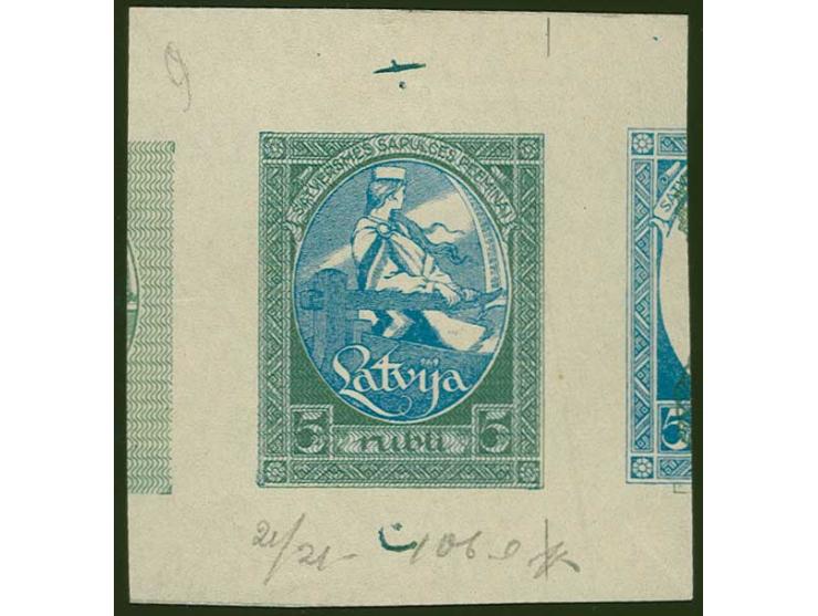 1920, First Constitution Assembly 5 rbl., proof in green/blue with blue security pattern, showing to the left parts of the ce