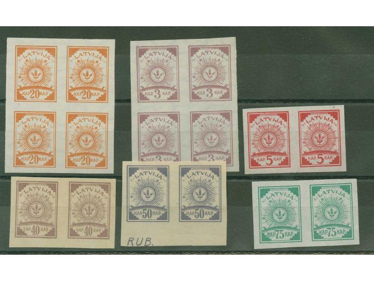 1920, Sun design 5-75 k., archive proofs, 3 and 20 k. as imperforated block of four, the others as imperforated horizontal pa