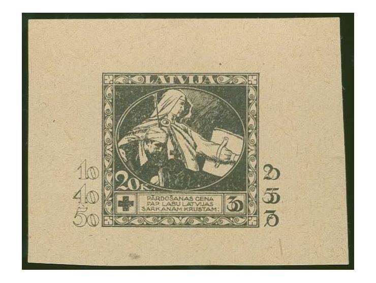 1920, Red Cross 20 k., proof in black on ordinary paper, on top with different inscription "LATVIJA" instead of "LATWIJAS PAS