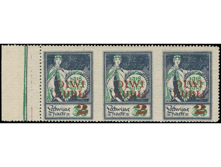 2 r. dark-carmine overprint, horizontal strip of three with left sheet margin, imperforated between stamps, unused, fine