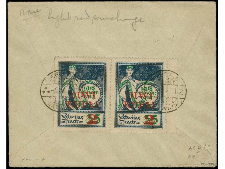2 r. with red-orange overprint as horizontal pair with right sheet margin, tied by cds. "LEEPAJA" to reverse of cover to Lond