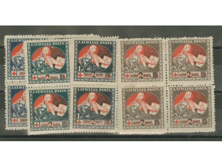 1921, Surcharge on Red Cross, complete set in blocks of four, printed on blue paper, the upper stamps unused, the lower mint 