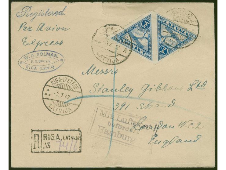 1921, Airmail 20 r. blue, diagonal pair, imperforated between, tied by cds. to registered airmail cover via Berlin and Hambur