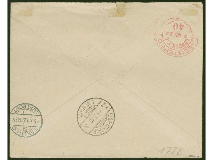 1921, Airmail 20 r. blue, diagonal pair, imperforated between, tied by cds. to registered airmail cover via Berlin and Hambur