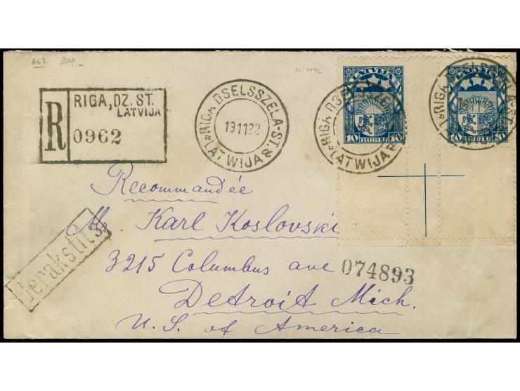 1921, Coat of arms 10 r. blue as horizontal gutter pair with lower sheet margin, perforated 10:11½, tied by cds. "RIGA DSELSS