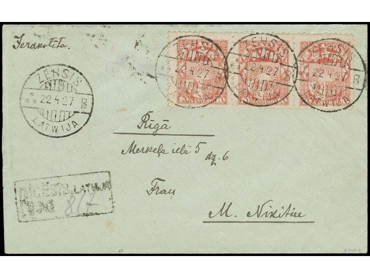 1923, Coat of arms 10 s. error of colour, dull pink, horizontal strip of three tied by cds. "ZEHSIS 22 4 27" to registered co