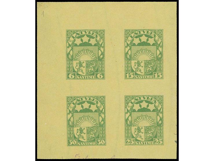 1925, Coat of arms 6-30 s. green on yellow as imperforated sheetlet (70X78mm) on watermarked paper, some notations visible at