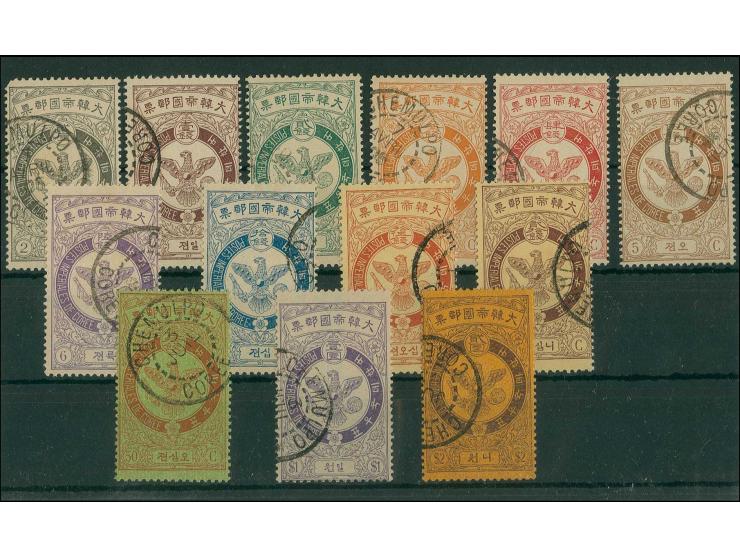 1903, Definitives 2 r.-2 w. complete, used, cheap 2 ch. missing corner perf, otherwise fine (Mi. 830,-)