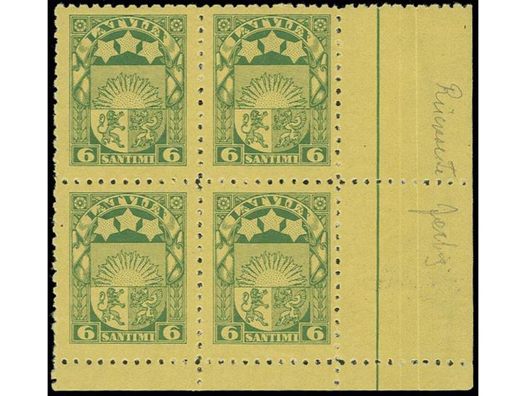 1925, Coat of arms, 6 s. yellow paper on both sides, block of four from the lower right sheet corner, three stamps unused, on