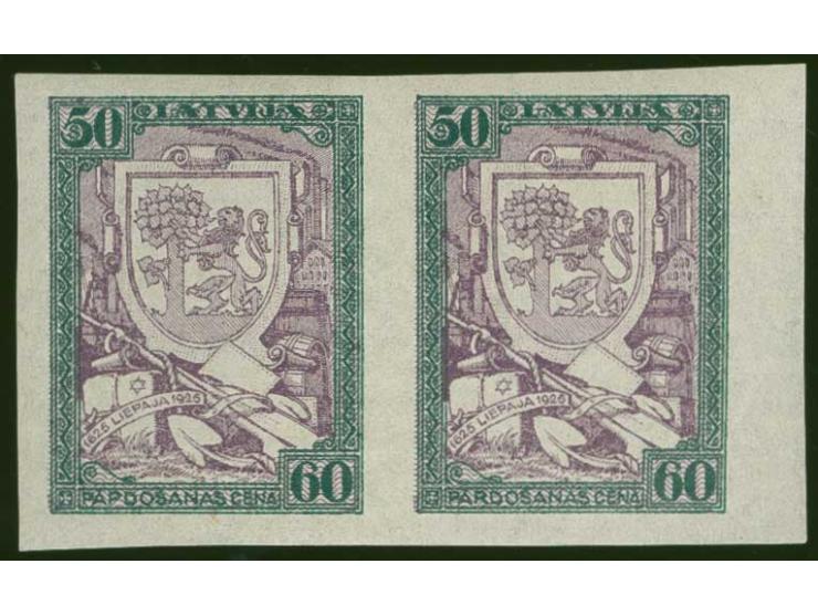 1925, Tercentenary of Liepaja 50 s. imperforated horizontal pair, positions 19 and 20, position 19 with plate flaw "PAPDO&Sca