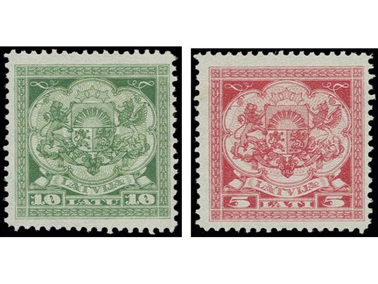 1925, Coat of arms 5 l. red/rose and 10 l. green/light, perforated on watermarked paper, with burelage, rare and attractive, 