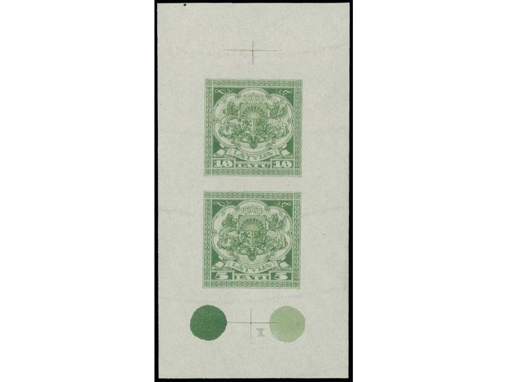 1925, Coat of arms 5 and 10 l. green/light-green as imperforated sheetlet (55X106mm) on watermarked paper, with burelage, ver