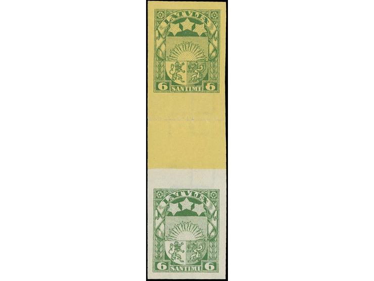 1927, Coat of arms 6 s. proof, imperforated vertical gutter pair, the upper stamp in green on yellow, the lower green on whit