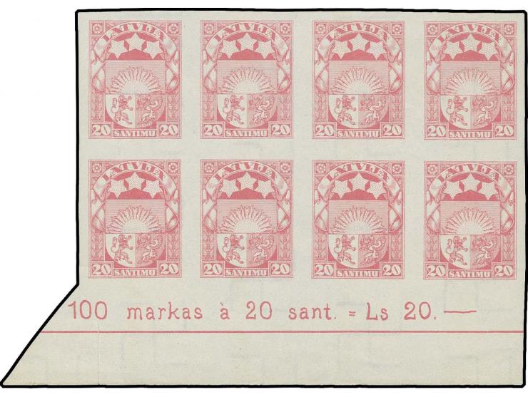 1927, Coat of arms 20 s. rose, archive proof, imperforated block of eight with lower sheet margin with complete inscription, 