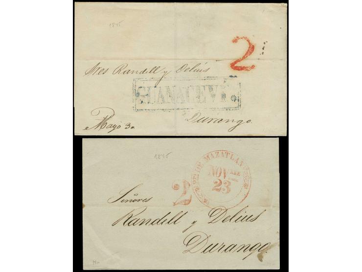 1845, 2 lettersheets to Durango with blue boxed "GUANACVI" resp. red fancy cds. "PTO. DE MAZATLAN"
