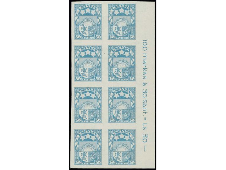 1927, Coat of arms 30 s. light-blue, archive proof, imperforated block of eight with right sheet margin with complete inscrip