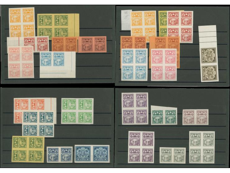 1921/22, Coat of arms, archive proofs, very interesting group of 27 horizontal pairs or blocks of four including different pl