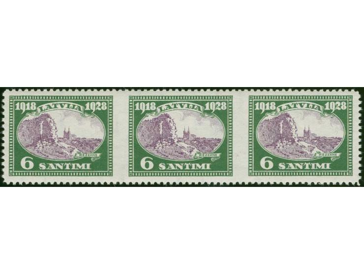 1928, 10th Anniversary of Independence 6 s. green/lilac, horizontal strip of three, imperforated vertically, mint never hinge