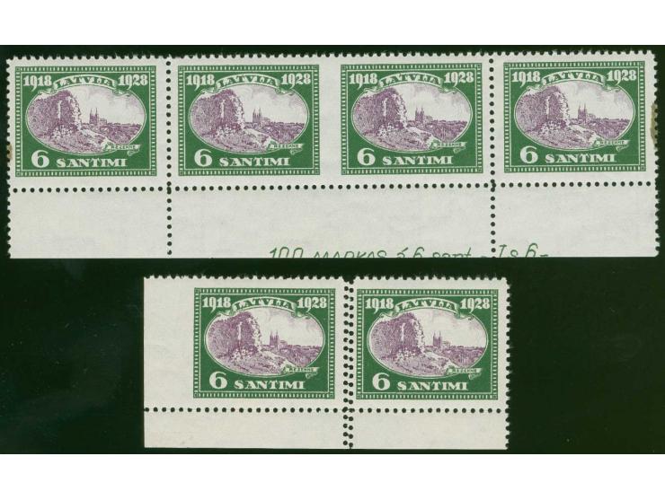 1928, 10th Anniversary of Independence 6 s. green/lilac, horizontal strip of four, the middle pair being imperforated vertica