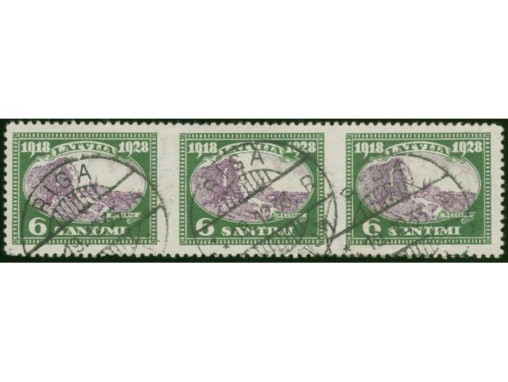 1928, 10th Anniversary of Independence 6 s. green/lilac, horizontal strip of three, imperforated vertically, used, small tear
