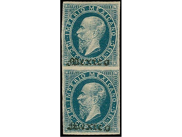 1866, Maximilian litho 13 c., plate I, vertical pair of pos. 16 and 26 with overprint "Mexico" only, unused o.g.