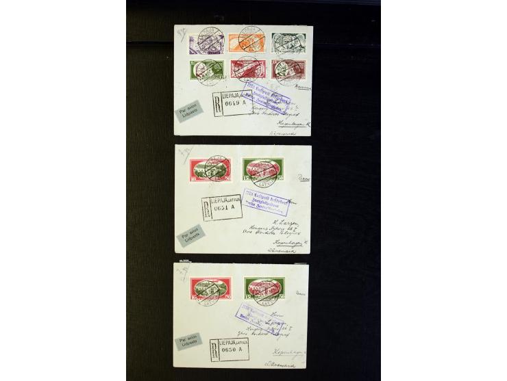 1930, Rainis-Fonds 1-15 s. perforated and imperforated, tied by cds. "LIEPAJA 1 IX 30" to three airmail covers to Copenhagen,