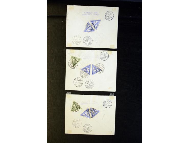 1930, Rainis-Fonds 1-15 s. perforated and imperforated, tied by cds. "LIEPAJA 1 IX 30" to three airmail covers to Copenhagen,