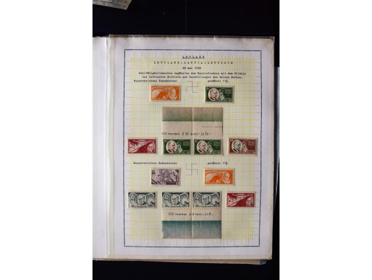 1930, Rainis-Fonds 1-15 s., unused and used collection with different watermarks, perforation varieties and two covers, fine