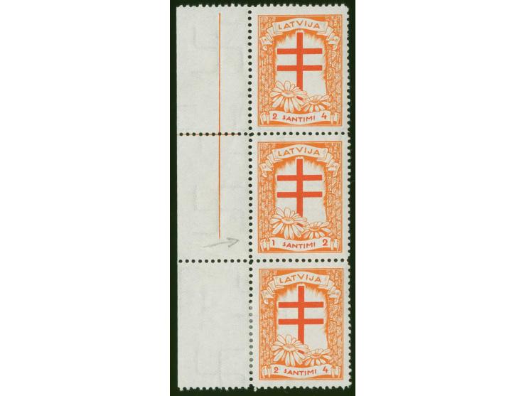 1930, Anti-Tuberculosis 1+2 s. orange/brick-red, in the middle of vertical strip of three with two normal stamps and sheet ma