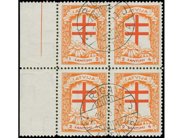 1930, Anti-Tuberculosis 1+2 s. orange/brick-red, block of four with left sheet margin, used, very fine (H.v.H. 161Fvs)