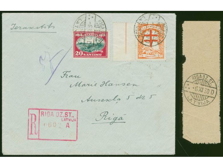1930, Anti-Tuberculosis 1+2 s. orange/brick-red with left sheet margin, with additional franking tied by cds. "RIGA DZ. ST. -
