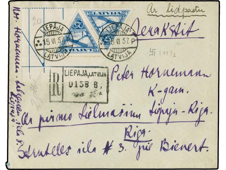 1931, Airmail 25 s. as pair tied by cds. "LIEPAJA 15 VI 37" to registered airmail cover to Riga, scarce, fine