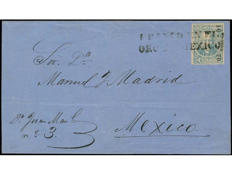 1868, Hidalgo 25 c. "TOLUCA 16-70" with rare double line "FRANCO NL / ORO DE MEXICO" to lettersheet to Mexico City