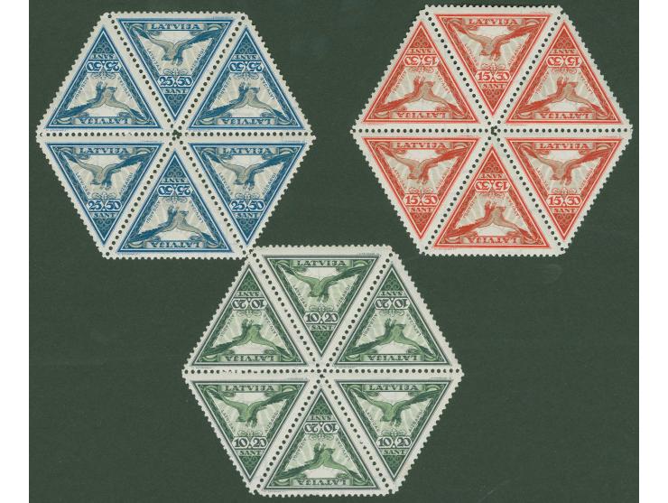 1932, Airmail "Aiszargi IV" 10-25 s., blocks of six, mint never hinged, very fine