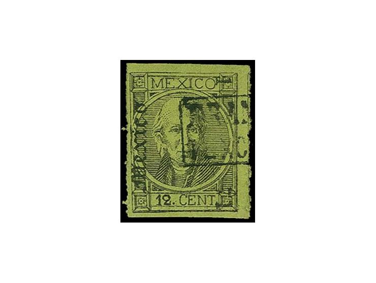 1868/72, Hidalgo rouletted 12 c. on green, "MEXICO 1-71" with part of boxed "FRANCO TEXCOCO", fine and rare, ex Riesco
