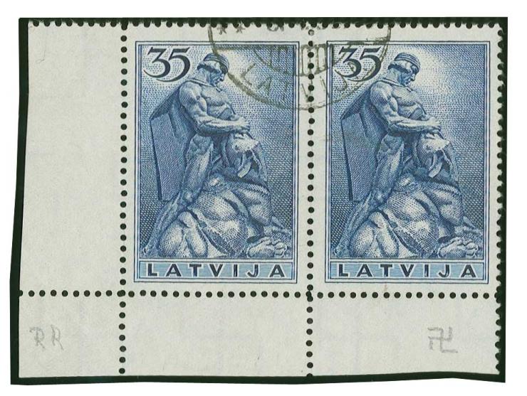 1937, Independence Monuments 35 s. dark blue, horizontal pair from the lower left sheet corner, inverted watermark, very rare