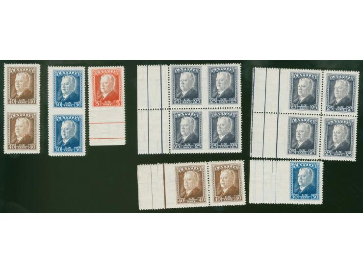1937, President Ulmanis 3., 25. 30. and 40 s., 7 stamps resp. multiples with perforation varieties including 3 s. imperforate