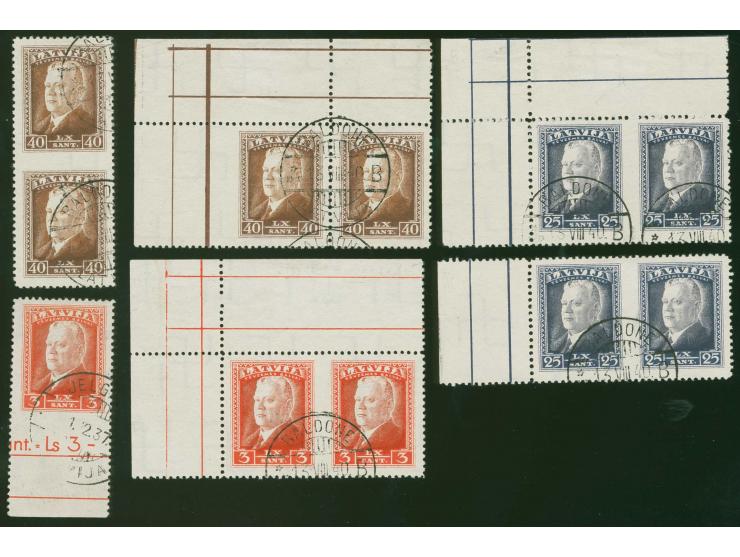 1937, President Ulmanis 3., 25. and 40 s., 6 stamps resp. multiples with perforation varities including 3 s. imperforated at 